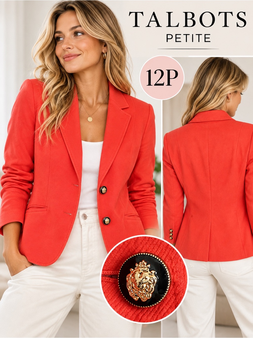 Talbots Petite Coral Blazer Size 12P Gold Crest Buttons Cotton Blend Jacket
